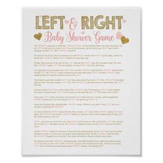 a baby shower game poster with gold foil lettering and hearts on the bottom right corner