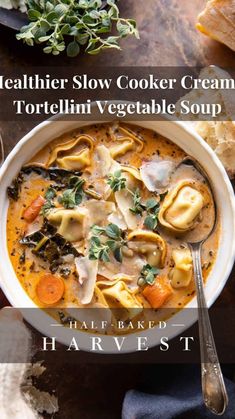 two bowls of tortellini vegetable soup with text overlay