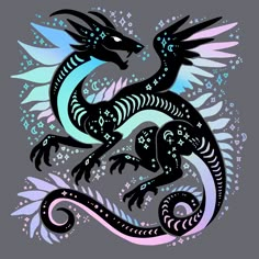 a black and blue dragon on a gray background