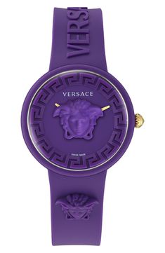 A 3D Medusa head centers the dial of an opulent watch enriched with a smooth leather strap. 38.5mm case; 18mm band width Buckle closure Swiss quartz movement Silicone Swiss made Purple Watch, Purple Cases, Expensive Jewelry Luxury, Latest Watches, Versace Watch, Medusa Head, Versace Accessories, Dope Jewelry, Purple Band