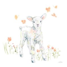 a watercolor painting of a lamb standing in the grass with hearts flying above it