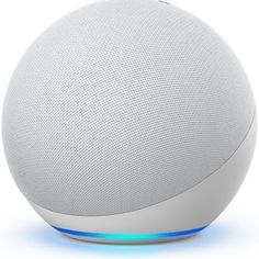 the google home speaker is white and has blue leds on its front side,