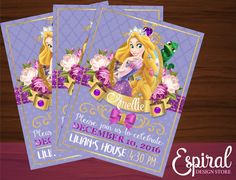 the princess aurora birthday party ticket is displayed on a wooden table with purple roses and gold trim