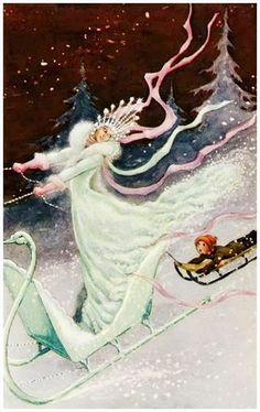 an old fashioned christmas card with a woman riding on a sled