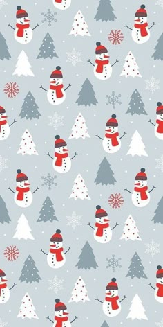 snowmen and trees are on a blue background with red, white and gray colors