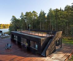 a house on a wooden deck overlooking the water