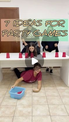 a group of people sitting around a table with red cups on it and the words 7 ideas for party games