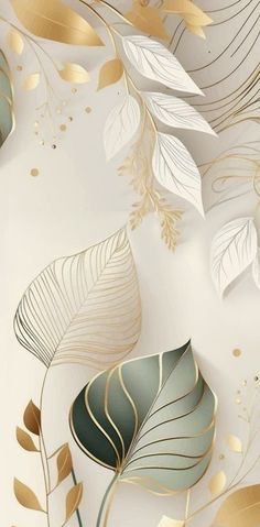 a white and gold wallpaper with some leaves on it's side in the middle