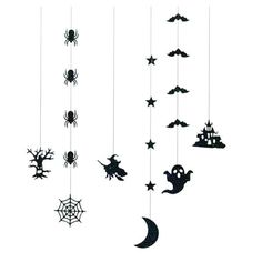 some black and white decorations hanging from strings with bats, spider webs, and more