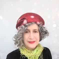 Felted Amanita Mushroom Hat - front view Whimsical Red Winter Hat, Whimsical Red Brimmed Hat, Red Hat As A Gift, Red Hat As A Gift, One Size Fits All, Handmade Red Mini Hat With Short Brim, Handmade Red Costume Hat, Whimsical Red Hat As Gift, Whimsical Red Hat With Curved Brim, Adjustable Red Handmade Costume Hats And Headpieces