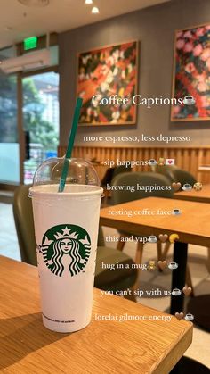 a starbucks drink with information about it sitting on a table in a coffee shop or cafe