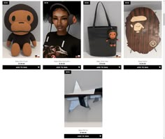 several different types of stuffed animals and purses are displayed on the webpage, including an image of a woman's face