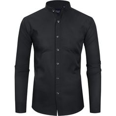 Material: This Men's Banded Collar Dress Shirt Is Made From 62% Cotton, 35% Polyester, 3% Spandex, The Flex Fabric Provides Comfort And Flexibility, While Also Being Wrinkle-Resistant. Mandarin Collar: With Unique And Fashionable Banded Collar Design, This Formal Shirts Adds A Touch Of Sophistication And Elegance To Your Outfit. Features: Stand Collar, Long Sleeve, Button Closure, Various Solid Colors, Regular Fit, Mandarin Collar Shirts Provide A Stylish Look. Occasions: Men's Collarless Shirt Black Business Shirt With Placket, Black Slim Fit Dress Shirt For Spring, Semi-formal Spring Black Shirt, Black Shirt With Stand Collar And Buttons, Fitted Shirt With Stand Collar And Button Closure, Black Dress Shirt With Buttons For Spring, Fitted Black Dress Shirt, Slim Fit Solid Color Dress Shirt With Buttons, Fitted Black Shirt With Button Cuffs