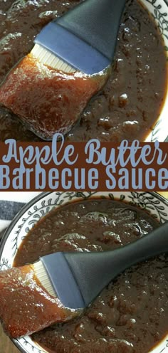 two pictures of an apple butter barbecue sauce in a bowl with a spatula on top