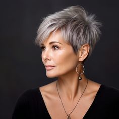 Pixie Haircut With Long Bangs Edgy, Swooped Bangs, Salt And Pepper Pixie Haircut, Edgy Pixie Cuts For Fine Hair, Short Hairstyle Women Assymetrical, Short Spiky Hair With Long Bangs, Pixie Cuts For Older Women, Asymetrical Haircut Edgy With Bangs