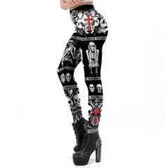 Leggings are made of spandex and polyester material and have gothic prints and fit ankle length. Skeleton Tights, Dancer Legs, Cross Leggings, Gothic Leggings, Punk Looks, Skull Leggings, Rocker Girl, Gothic Cross, Black Comics