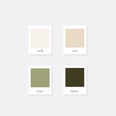 four different shades of green and brown on a white background with the words, milk, olive