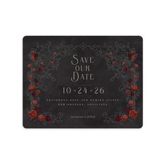 a save the date card with red roses on black and silver foil, in an ornate frame