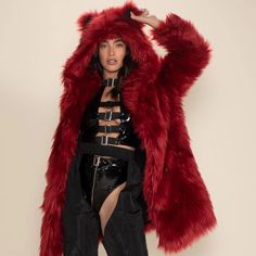 New And Never Worn. Comes Complete With Hood And Ears. Also Has Huge Pockets! Made From Faux Fur So No Animals Harmed In The Making. Size Medium: - Chest: 39-41.5" - Waist: 29-33" - Hips: 38-44" Reposting From Spirithoods Site About Wolf Coat: Important Care Instructions: - Always Avoid Bringing Faux Fur Around Heat - Hand-Wash Cold - Hang Dry Only (Away From Heat Sources And Direct Sunlight) Classic Faux Fur Coat Features: - Red Velvet Faux Fur Made With 100% Acrylic - Sleek Black Logo Liner: P Hooded Outerwear For Fall Costume Party, Red Long Sleeve Outerwear For Costume Party, Red Hooded Outerwear For Fall, Red Fur Coat With Faux Fur Trim, Red Long Sleeve Fur Coat For Winter, Red Long Sleeve Outerwear For Halloween, Hooded Fall Party Outerwear, Red Faux Fur Coat For Fall, Red Long Sleeve Fur Coat For Fall