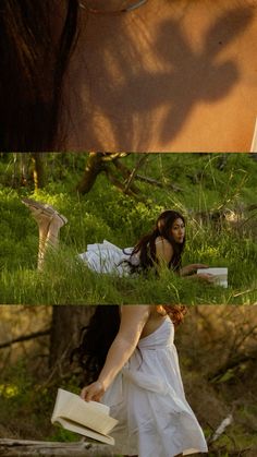 the woman is walking through the grass with her book in hand and she has long brown hair