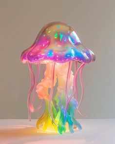 a multicolored jellyfish sculpture sitting on top of a white table next to a gray wall