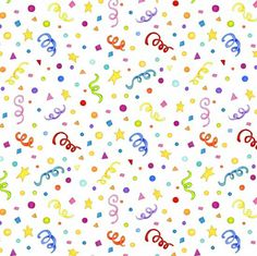 colorful confetti and streamers are scattered on a white background that is seamless