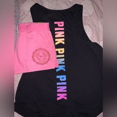 Victoria’s Secret Pink 2- Piece Set - Tank Is Not Available Online (Or In Stores) Size Medium Black Racerback Tank Top With Gradient Rainbow On The Back And Little Rainbow Pup On The Front Size Medium 3” Foldover Sweat Shorts With Collegiate Logo In Dreamy Pink Pink Short Athleisure Top, Sporty Short Pink Tops, Pink Short Tops For Sports, Pink Short Tops For Workout, Short Pink Sports Top, Pink Racerback Tank Top For Loungewear, Pink Racerback Top For Loungewear, Pink Athleisure Tank Top For Loungewear, Pink 2 Piece Set