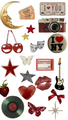 an assortment of stickers and magnets on a white background with the words i love new york