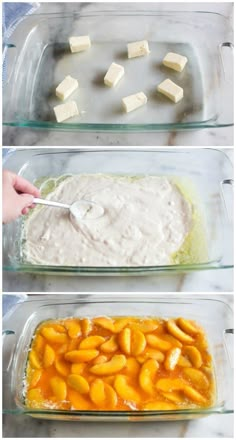 three images showing how to make cheese dip in glass baking pans, with the ingredients being mixed together