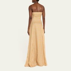 BERNADETTE "Aria" linen maxi dress in an allover gingham print  V-neckline Sleeveless Full length A-line silhouette Linen Dry clean Made in Romania Made In Romania, Linen Maxi Dress, Gingham Print, Wedding Looks, Bergdorf Goodman, Sale Design, Romania, Gingham, Caramel