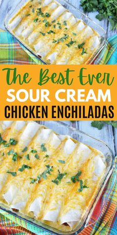 the best ever sour cream chicken enchiladas in a casserole dish