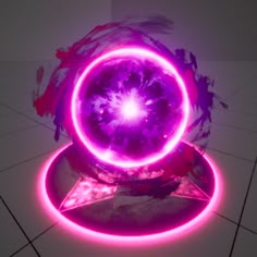 a purple object sitting on top of a white floor next to a red and pink light