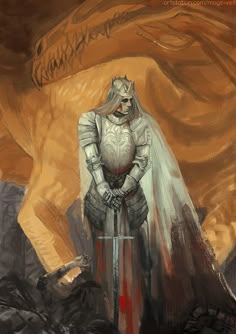 a painting of a knight standing in front of a giant dragon