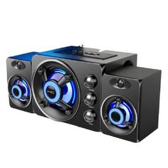 two black speakers with blue lights on each side and one speaker in the middle, sitting next to each other