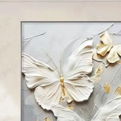 a painting with white and gold butterflies on it