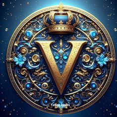 the letter v with a crown on top of it is surrounded by blue and gold swirls