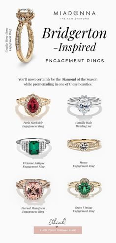 wedding rings with different colored stones and names on the front, including an engagement ring