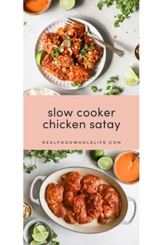 slow cooker chicken satay on a white plate with orange juice and limes