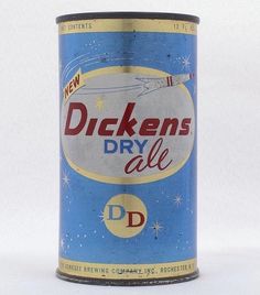 an old, blue and yellow dickens dry ale can