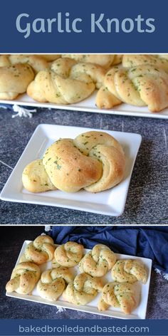 garlic knots on a white plate with the words garlic knots above it and below them