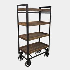 an industrial style shelf with four shelves on wheels