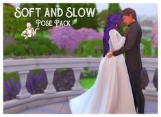 a man and woman dressed in wedding attire standing next to each other with the words soft and slow pose pack