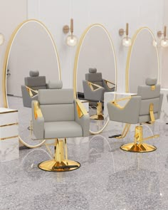 the chairs are all in different colors and sizes, with gold trimmings on them