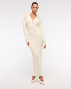 Slim-fitting long-sleeve midi sweater dress in our soft sweater yarn fabric, featuring a collared button through neckline and all-over ribbed detail. Midi Sweater Dress, Warm Beige, Sweater Dress Midi, Soft Sweater, Long Sleeve Midi, Suits Coats, Softest Sweater, New Arrival Dress, Swimwear Accessories