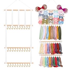 a rack with several pairs of headbands hanging from it's sides next to an image of a wall mounted earring holder