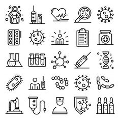 the icon set includes icons such as lab equipment, microscopes and other medical items