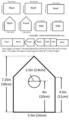 the diagram shows how to build a birdhouse with measurements for each roof and side