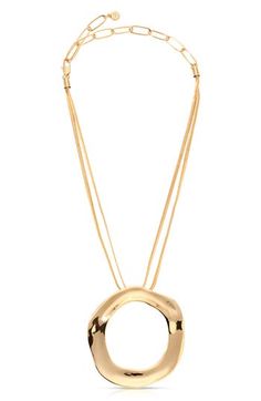 Bring focal shine to any outfit with this endlessly layerable necklace showcasing a sculptural open circle pendant. 11" length; 5" extender; 2 1/4" diameter pendant Lobster clasp closure 18k gold plate or silver plate Imported Large Gold Pendant Necklace, Bold Gold Necklace, Newport Outfits, Chunky Gold Necklace, Open Circle Necklace, Gold Circle Necklace, Big Necklace, Round Pendant Necklace, Gold Statement Necklace