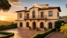 a large house sitting on top of a lush green hillside next to a forest at sunset