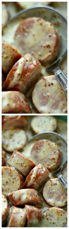 two pictures of cooked sausage and potatoes in a pan